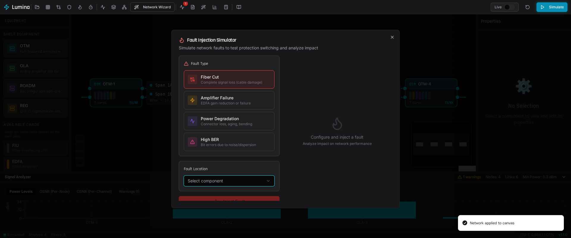 Fault Injection panel — choose from 4 fault types, select a location, and analyze impact instantly.