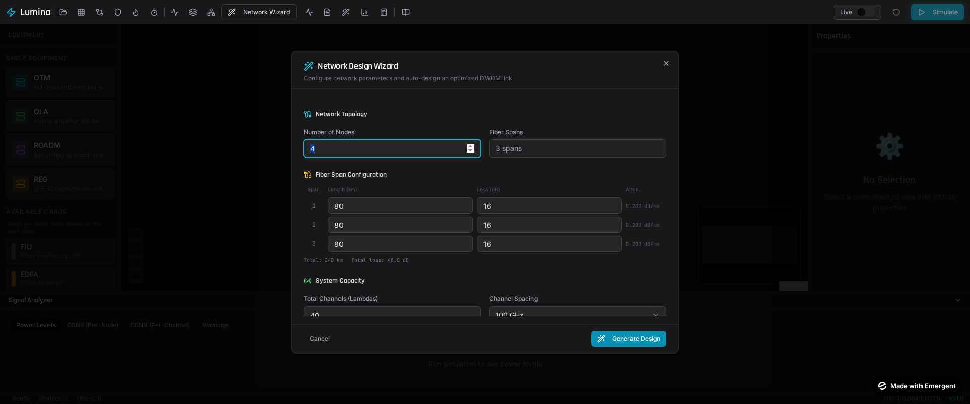 DWDM Network Wizard configuring nodes, fiber spans, and wavelength channels