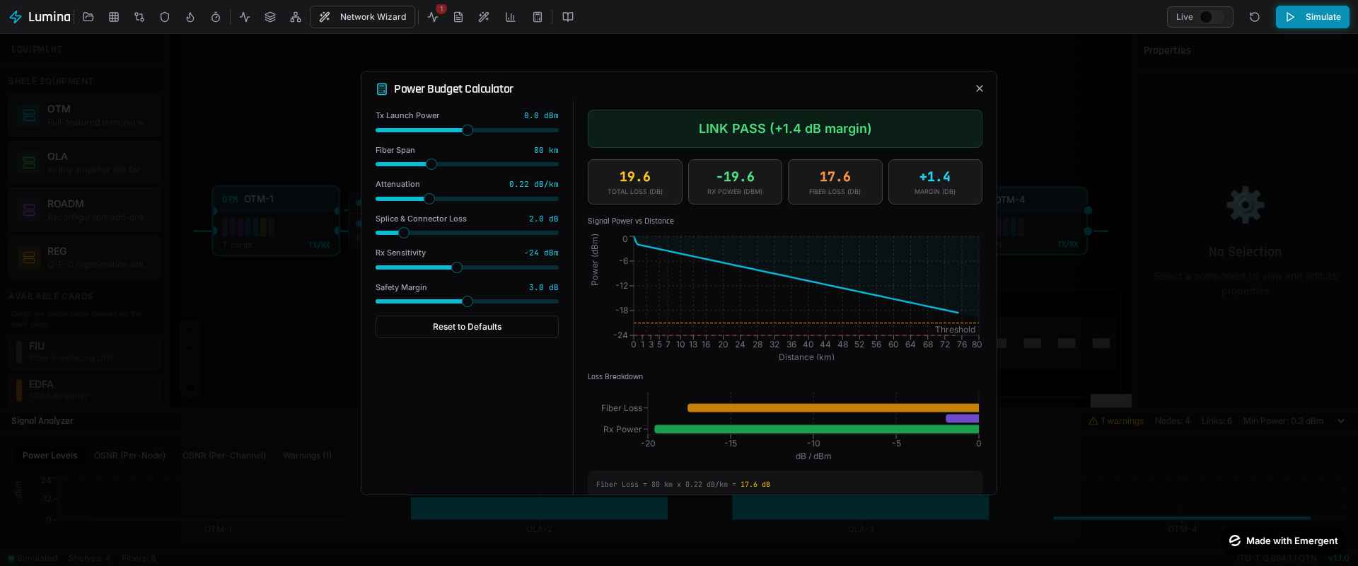 DWDM power budget calculator with optical link margin analysis